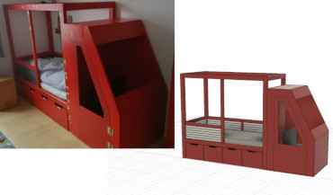 Bild vom Bett (links), Bild vom 3D-Modell (rechts)